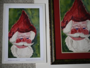 IMG_1670 Santa side by side 1400 Left: Santa limited edition size 10" W x 16.1" H print $__.. Smaller prints size 6.5" W x 10.5" H are also available, $__. Right: Santa original. Click photo to enlarge.