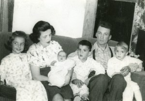 Mother (Marion) and Daddy (Deane) Gunderson with their first four children, (L to R) Clara, Martha (born October 1948), Charles and Helen.  The future Barr Art Association began meeting just months before this photograph was taken, while Mother was pregnant with Martha.  (Click photo to enlarge.)
