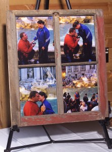 May 27, 2007:  The sequence of Joe proposing to Katie in front of Trevi Fountain, Rome, Italy.  Click photo to enlarge.  (The wood frame is from the barn, built in 1904, at the homeplace where my father was raised.)